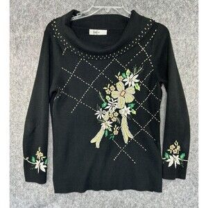 Vtg Kikit Christmas Sweater Sz M Black Poinsettia Floral Applique Beads